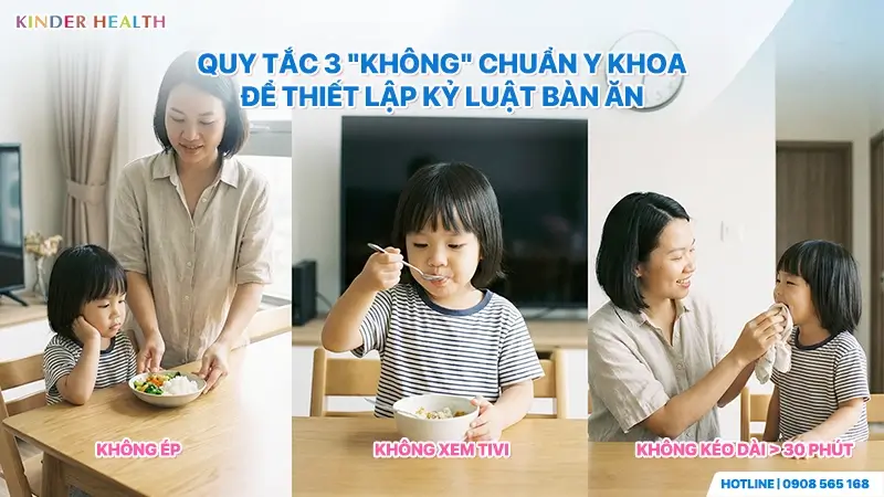 3 bước thiết lập kỷ luật bàn ăn: Không ép buộc, không xem tivi và bữa ăn không kéo dài quá 30 phút.