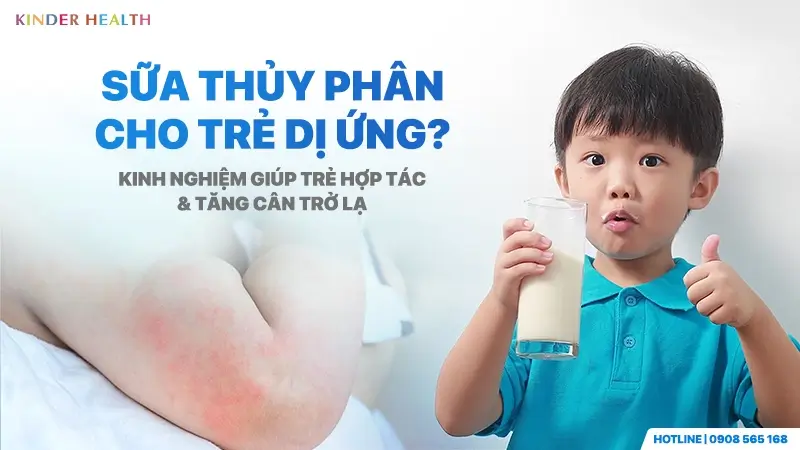 Minh họa trẻ bị mẩn đỏ do dị ứng đạm bò và hình ảnh bé trai vui vẻ hợp tác uống sữa thủy phân.