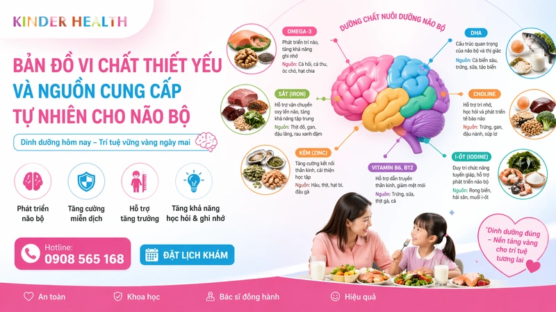 bản đồ vi chất thiết yếu và nguồn cung cấp tự nhiên cho não bộ trẻ bằng sơ đồ não bộ, thực phẩm và thông tin dinh dưỡng