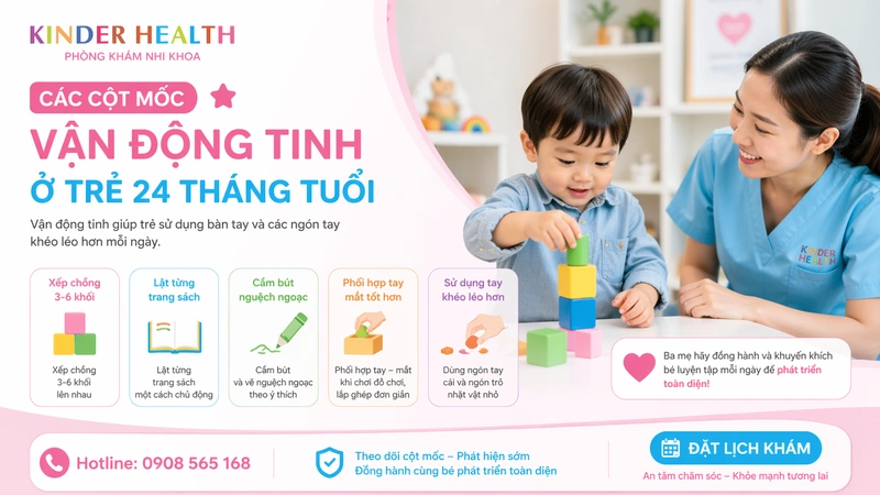 Điều dưỡng nhi khoa hướng dẫn trẻ 24 tháng tuổi thực hiện các cột mốc vận động tinh bằng xếp khối và thao tác bàn tay