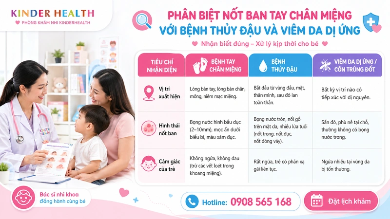 Phân biệt nốt ban tay chân miệng với bệnh thủy đậu và viêm da dị ứng