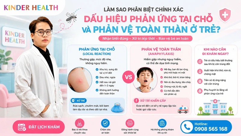 Bác sĩ KinderHealth hướng dẫn phụ huynh phân biệt dấu hiệu phản ứng tại chỗ và phản vệ toàn thân ở trẻ sau côn trùng đốt bằng infographic y tế trực quan.