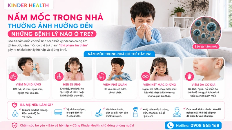 các bệnh lý dị ứng ở trẻ có thể bị ảnh hưởng bởi nấm mốc trong nhà như viêm mũi dị ứng, hen dị ứng, viêm kết mạc dị ứng và viêm da cơ địa