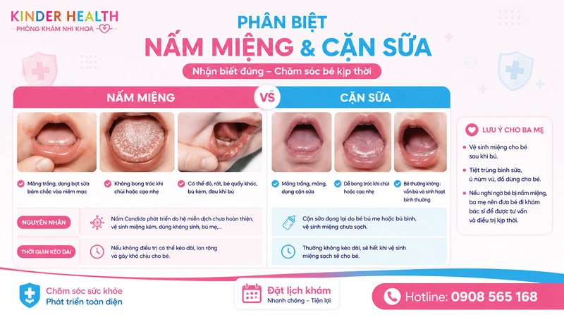 phân biệt nấm miệng và cặn sữa ở trẻ em