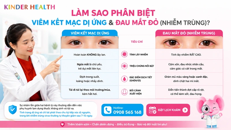 Viêm Kết Mạc Dị Ứng Ở Trẻ: Dấu Hiệu, Phân Biệt Và Cách Chăm Sóc An Toàn 3 Làm sao phân biệt viêm kết mạc dị ứng và đau mắt đỏ (nhiễm trùng)?