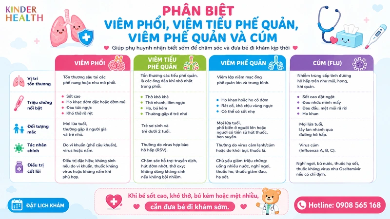 Phân biệt viêm phổi với viêm tiểu phế quản, viêm phế quản và cúm