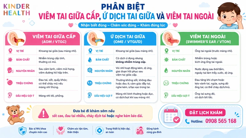Phân biệt viêm tai giữa cấp với ứ dịch tai giữa, viêm tai ngoài